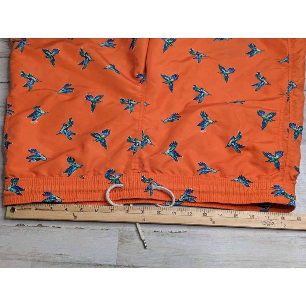 Polo Ralph Lauren Swim Trunks Mens M Hummingbird Print Orange Drawstring Beach